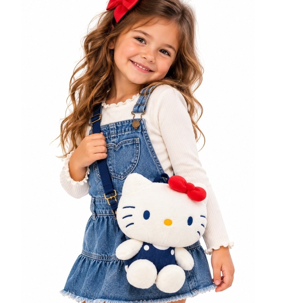 Hello Kitty Plush Crossbody Bag Denim Overalls Red Bow Sanrio Purse 14" tall